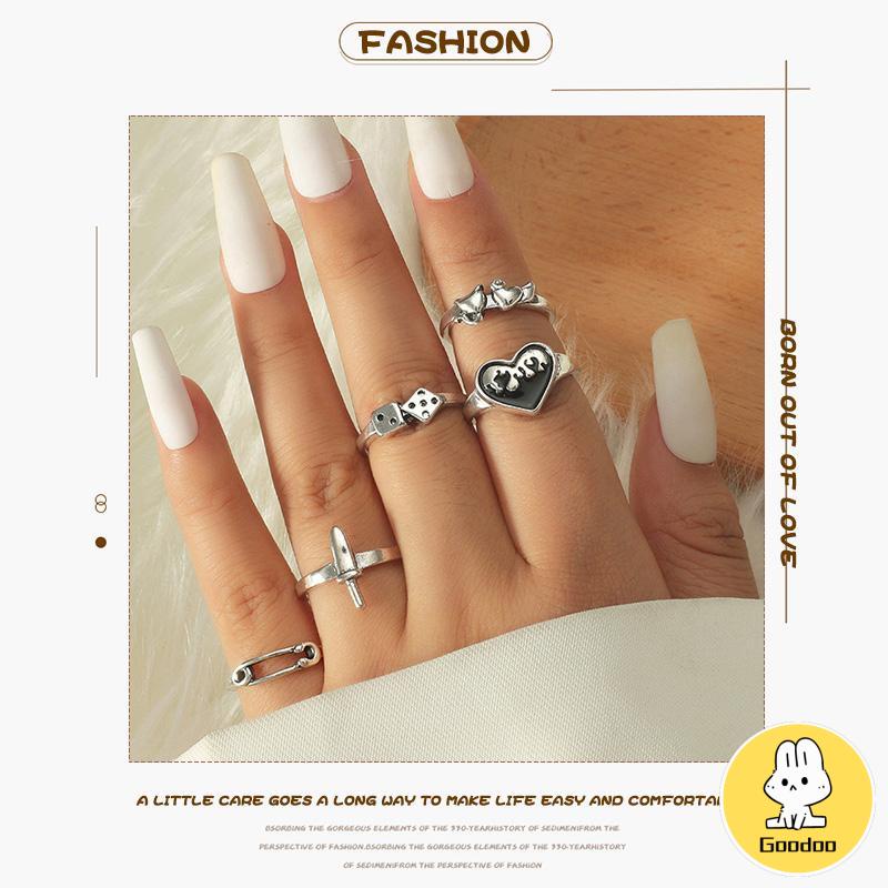 Domingo Ring Alloy peniti dadu love pedang retro silver cincin wanita fashion korea 5 set -Doo