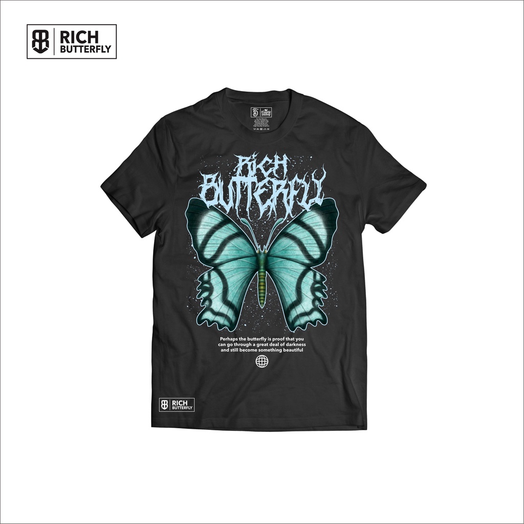Rich Butterfly Tshirt- kaos hitam - blue butterfly - fddy - kupu-kupu
