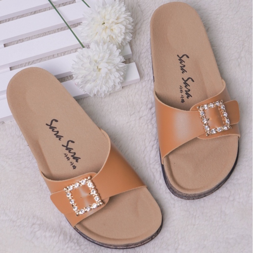 SARASARA YUK - TIMMY Sandal Wanita Slop Casual Size 36 - 41 Model Birken Sol Puyuh Sara Sara Sendal Cewek Kulit Santai Rumahan Strap Gesper 1 Kristal Blink Empuk 37 38 39 40 Warna brown Cokelat Soft Selop Anti Slip Original Shoes ORI Mall Official Store