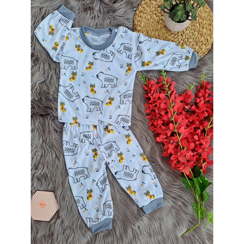 stelan baju bayi laki laki perempuan lucu murah motif BEAR AND FOX 3-18 bulan