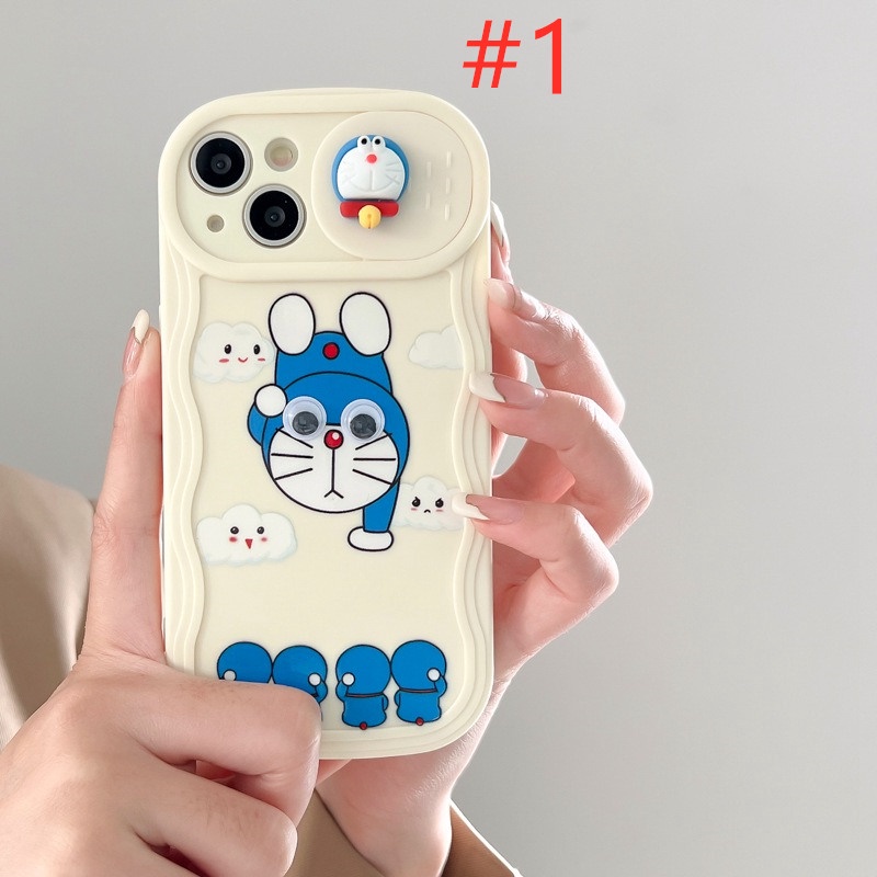 Eyes Move Doraemon Doll Push The Window Cover Soft Case iP iPhone 11 12 13 14 Pro Max + Plus Wavy Casing Apple