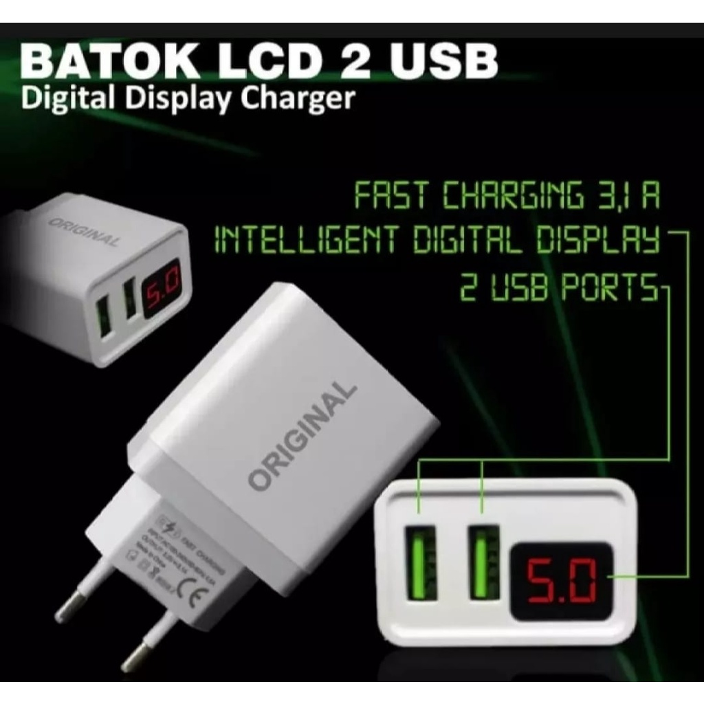 Charger Casan Adaptor 2 Port USB / Batok Charger Miror Lake PPS Digital Display 18+Kabel Data Micro USB 2 Port USB Charger Adaptor 3.1A Input Output Kepala Adapter Charger-Fast Charge