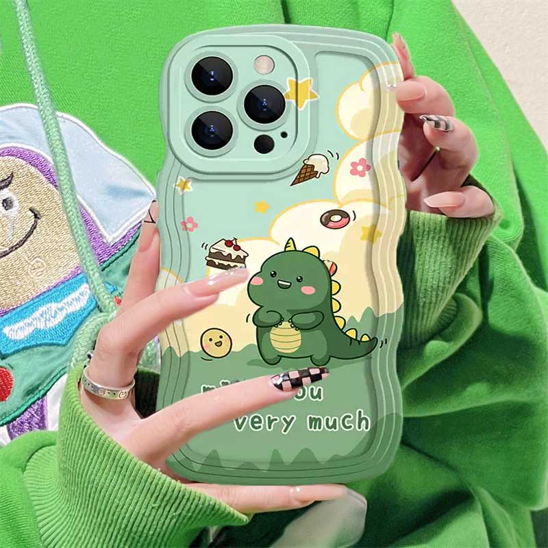 Realme 10 C33 C30 C31 C35 C21Y C25Y C21 Realme C11 C25 C17 C15 C12 C3 C2 Realme 8i 7i 5 5i 6i 7 Pro Kartun Dinosaurus Tepi Gelombang TPU Phone Case Cover