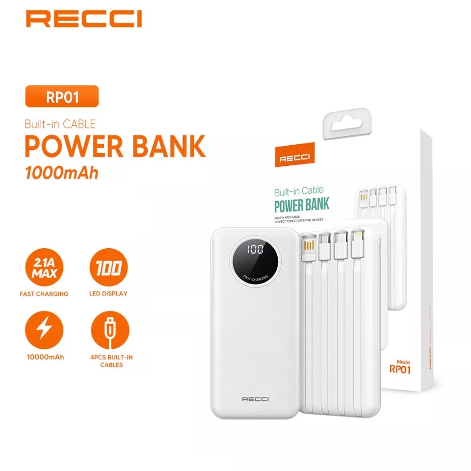RECCI RP01 - 10000mAh Powerbank - 4 Built-in Cables - Fast Charge 2.1A - Powerbank Terbaru dari RECCI dengan Kabel Built-in 4-in-1