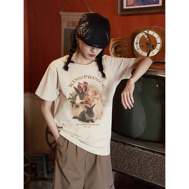 [chaoo.id]3 warna 100% Katun Graphic Tee Baju Wanita Cute Rabbit Atasan Wanita Oversize Kaos Putih T-shirt Couple Korean Style