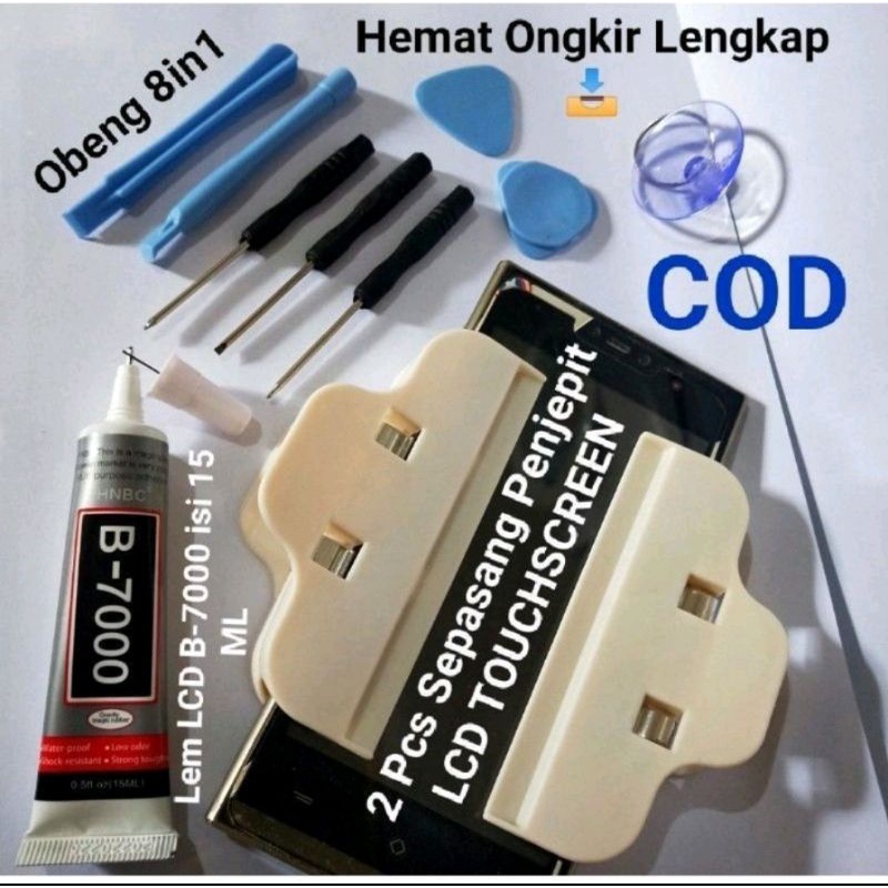 SATU PAKET Obeng Set Reparasi Android ALL Tipe 8 in 1 + Lem b7000 15 ML / T7000 + PENJEPIT LCD 2 PCS + PENCONGKEL