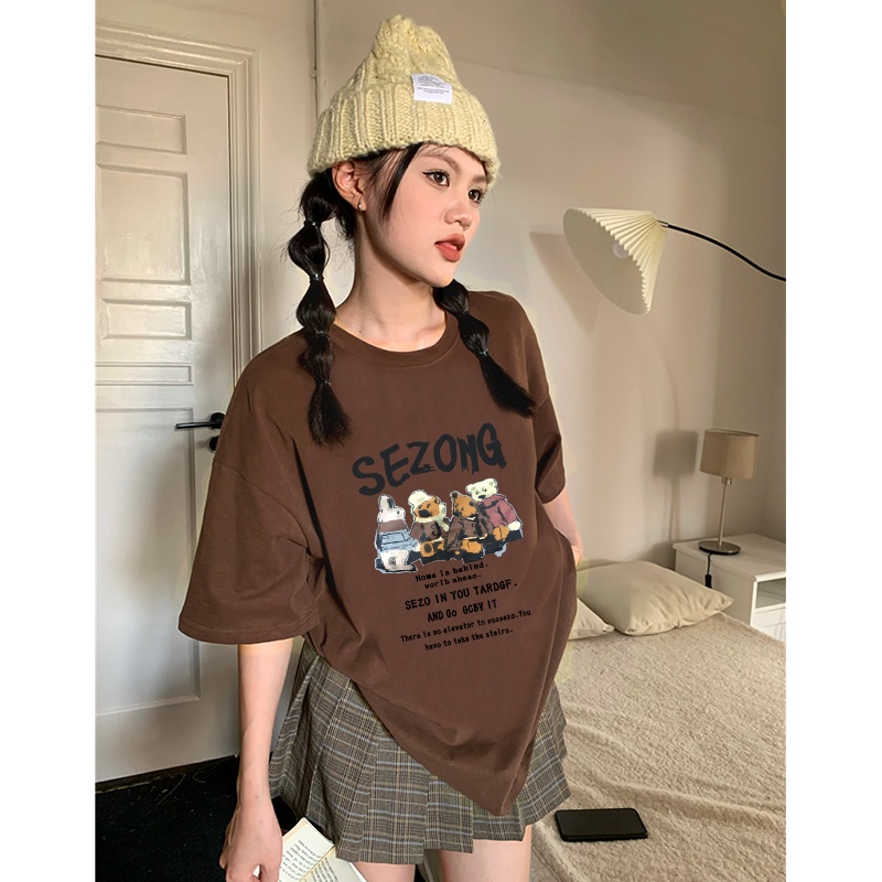 kaos korea wanita oversize lengan pendek lettering cartoon graphic print T-shirt vintage kaos perempuan