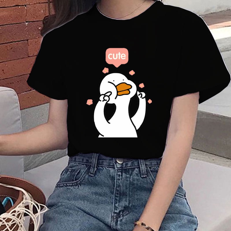 Baju Kaos Motif Duck Bebek Wanita Cewek Jumbo Oversize Lengan Pendek Tshirt Distro Rumahan