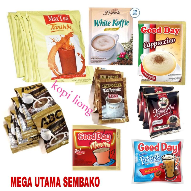 

kopi kapal api / good Day cappucino / kopi liong / teh tarik / torabika capucino Isi 10 saset promo