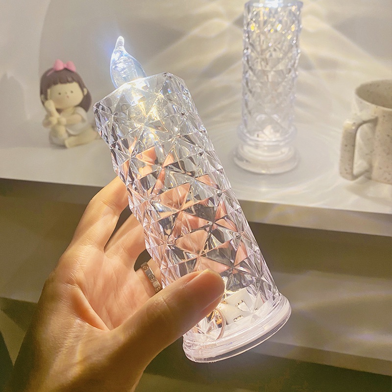 Flameless Candle LED Lighting Rose Projection Candle Lamp Kamar Dinner Suasana Props Romantis Kristal Lampu Refraktif Hari Valentine Dekorasi Pesta Pernikahan