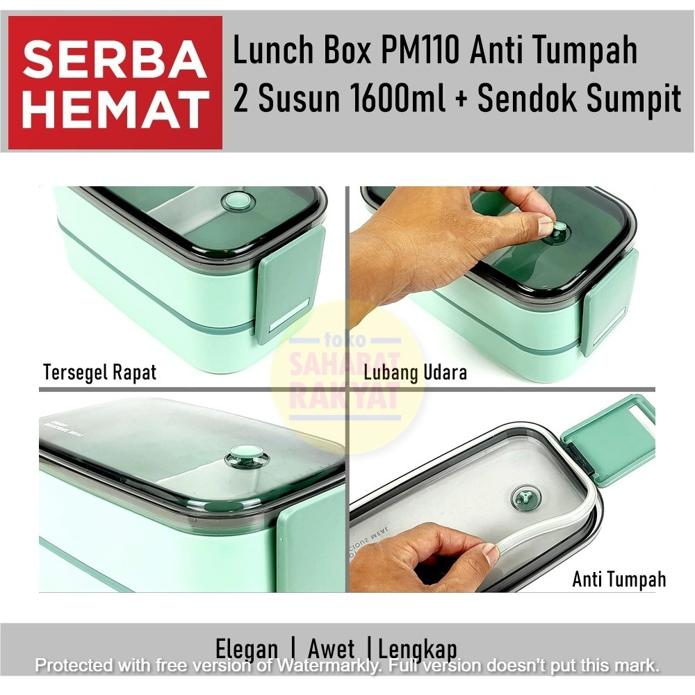 Lunch Box PM110 Anti Tumpah 2 Tingkat 1600ml + Sendok Sumpit (Model Ecentio)