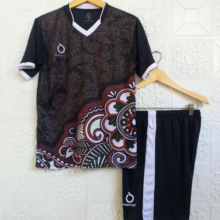 ⭐BISA COD⭐ jersey futsal batik ortuseight baju+celana pakaian pria wanita dewasa - batk hitm putih, 