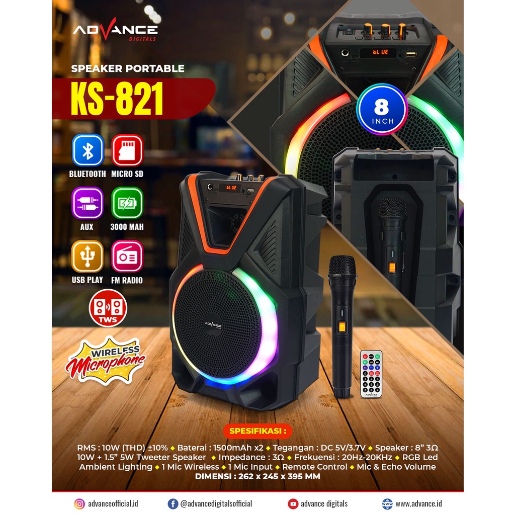 Speaker Bluetooth Portable ADVANCE KS-821 Free Mic Wireless | KS 821 Extra Bass Subwoofer | Advance Speaker Aktif 8 Inch KS-821 Bluetooth USB TF FM Radio | FMS