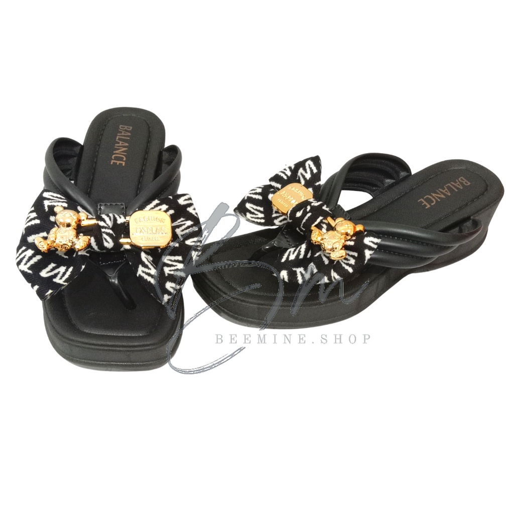 Sandal Jepit Wedges Wanita Motif Pita Gold Bear Tinggi 5CM Non-Slip Import 2226-B