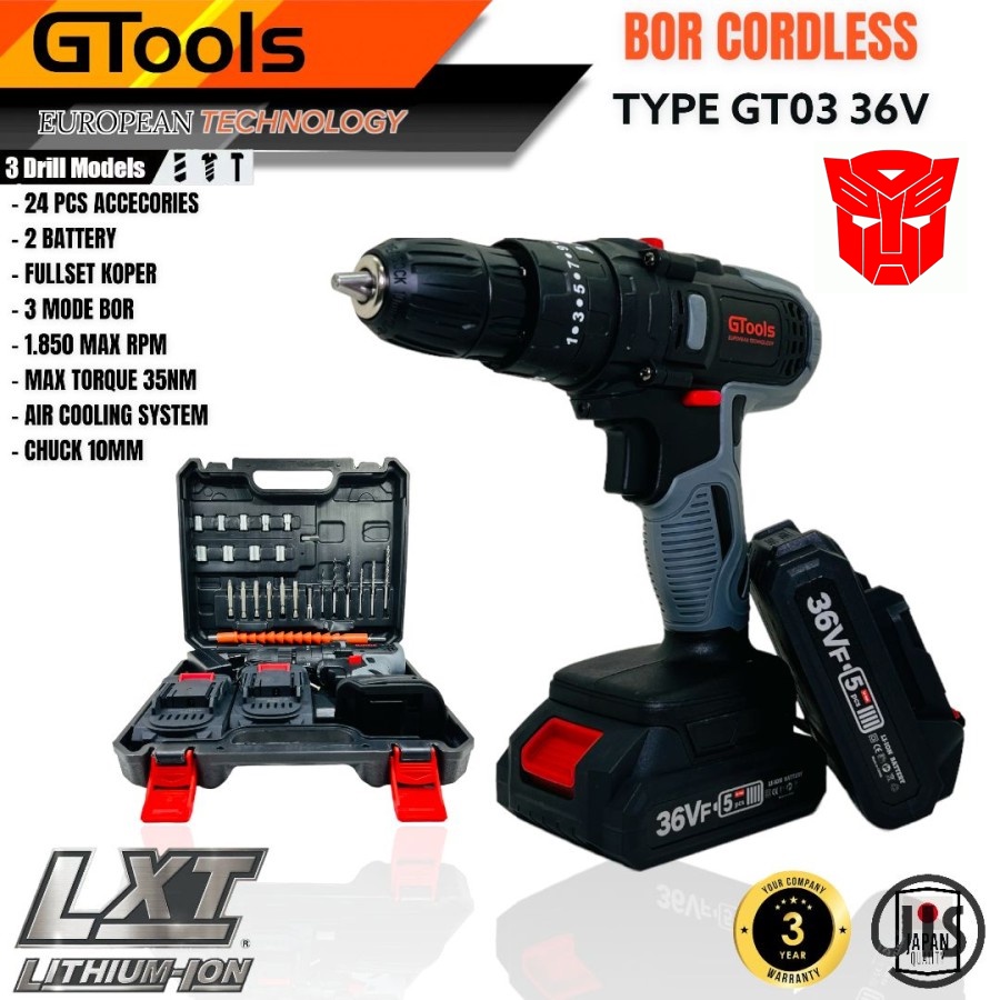 Bor cordless 36V GTOOLS EROPA GT03 impact drill MESIN bor baterai ful