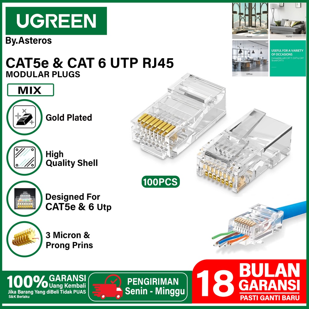 UGREEN Belden Comscope Konektor LAN RJ45 Cat5e Cat6 UTP Ethernet Plug Connector Isi 100pcs