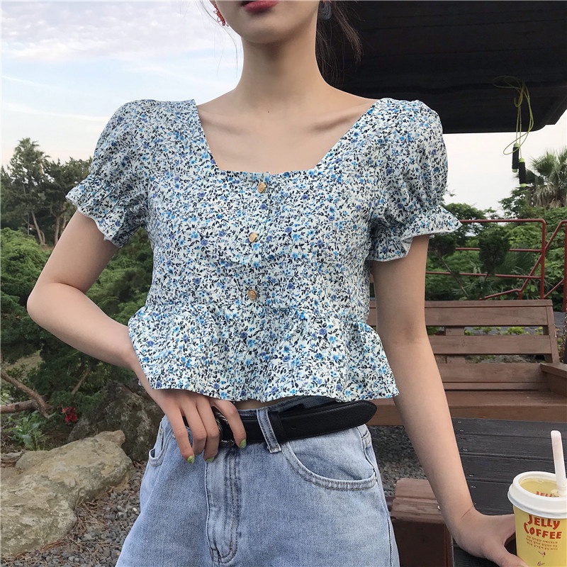 MOOGU ♡ Kemeja korea bunga seksi lengan pendek blus wanita