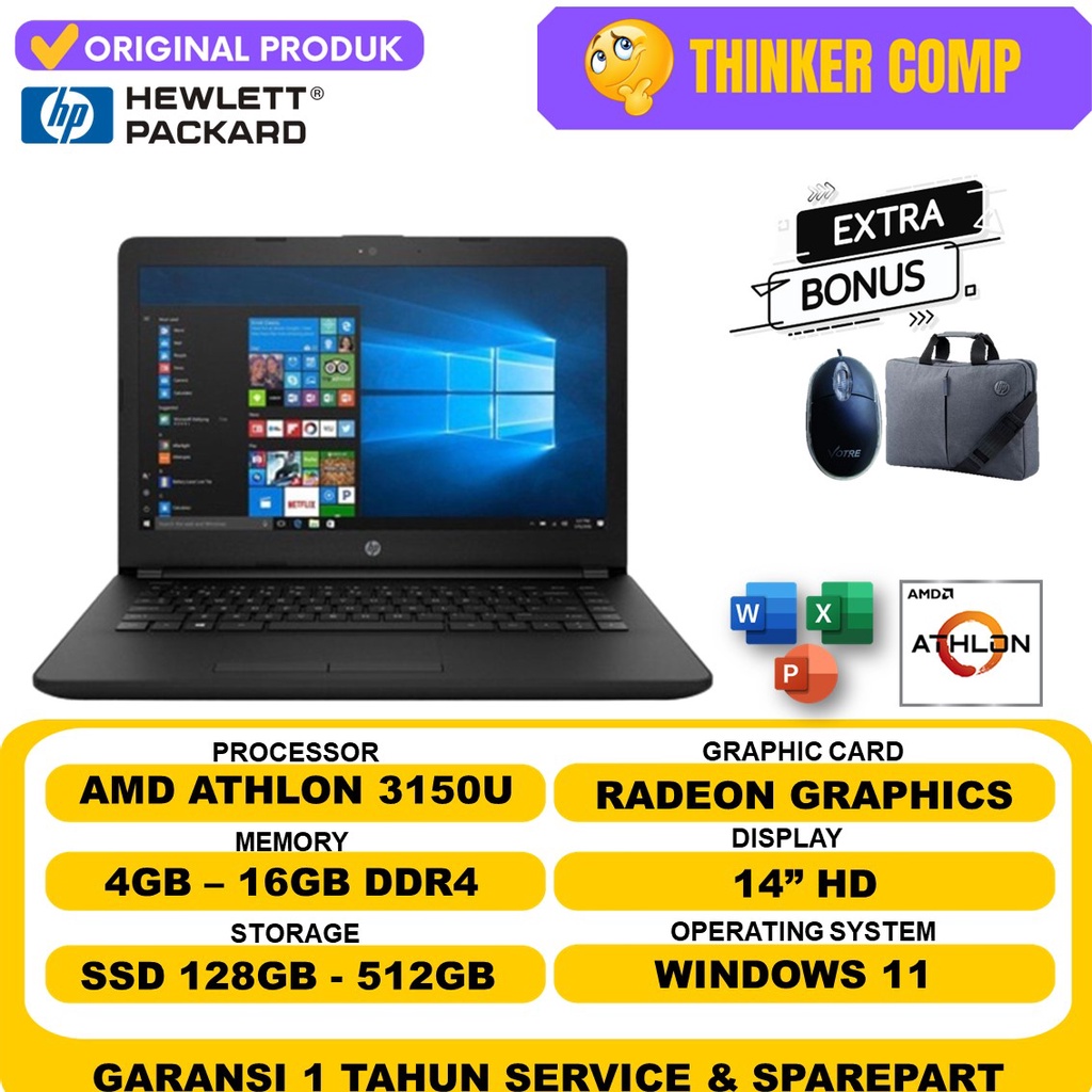 Laptop Slim Design Hp 14 Amd Athlon 3150U RAM 8GB SSD 512GB 14 HD Windows 10 Original Terlaris