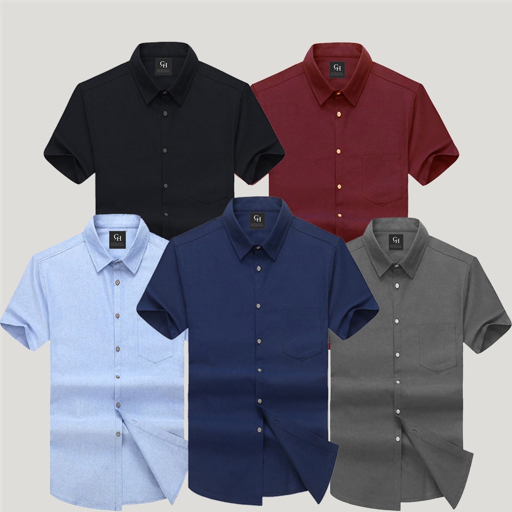 BISA BAYAR DITEMPAT - VISCO Kemeja Pria Lengan Pendek Hitam Polos Hem Pria Casual Bahan Tebal