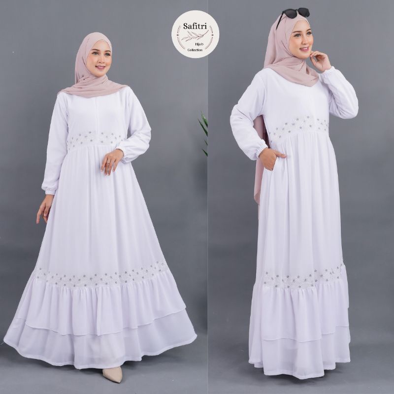 KHADIJA DRESS 1 Gamis bahan ceruty babydol putih bersih putih tulang broken white hitam Umroh/Manasik haji by Safitri Fashion