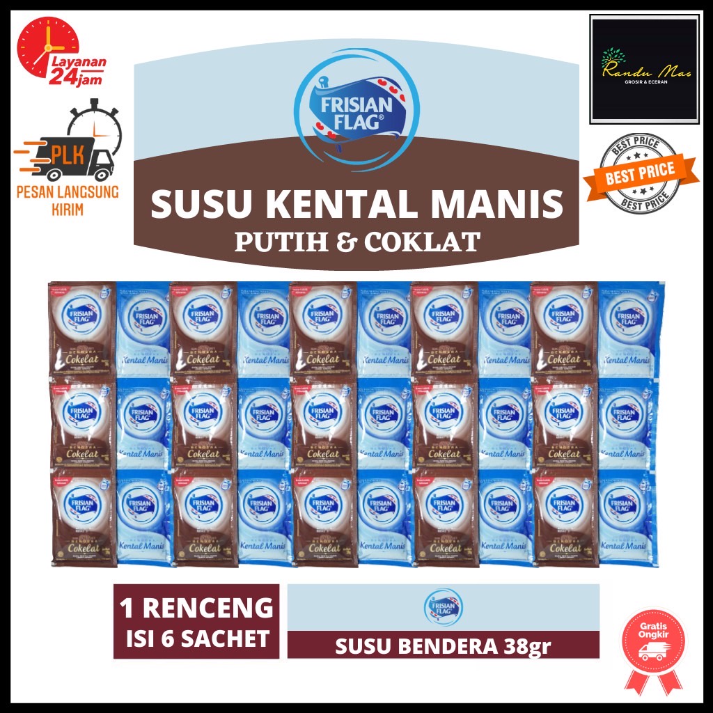 Susu Kental Manis - FRISIANFLAG Susu Bendera Sachet 38gr Rasa Coklat Putih 1 Renceng Isi 6 Sachet Original