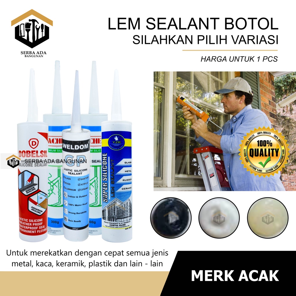 LEM Silicone Sealent Kaca Acetic Silen White, Black, Clear Silicon Keramik Besi Karet Kaca Metal Botol Tembak Akuarium