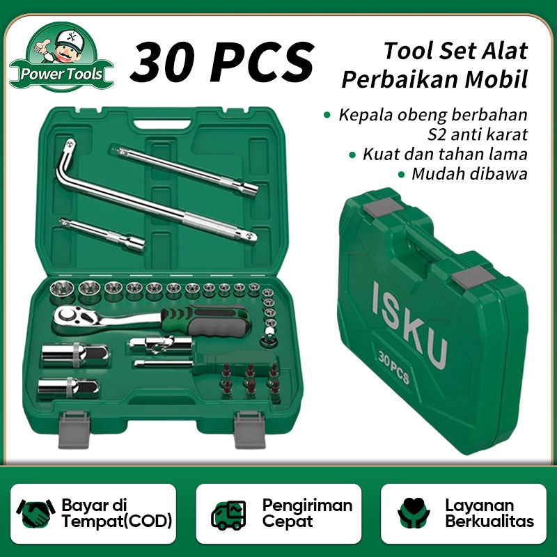 ISKU Kunci Sock Set 30 pcs Full Lengkap Socket Tool Kit Multifungsi 1/4 3/8 Mata Socket Ratchet Wrench 72 Gigi S2 Anti Karat Car Repair Tool Motor Mobil