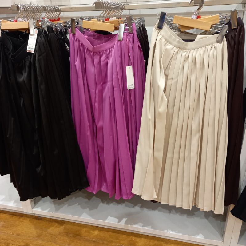 UNIQLO ORI SALE 50% Rok Panjang Maxi Skirt Polos Katun Linen Black Pink Brown Hijab Jilbab