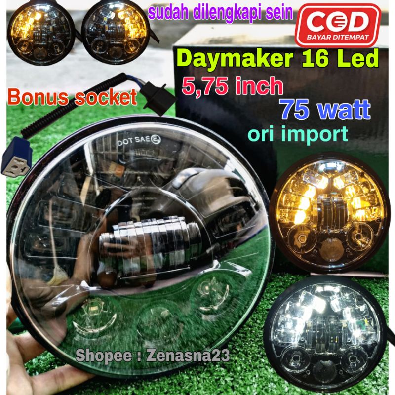 LAMPU DAYMAKER 16 LED 5,75 INCH 75 WATT DUS HITAM POLOS ORI IMPORT BONUS SOCKET TIGER PC CB VESPA NE