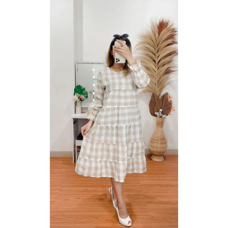 Cempaka Tunik Full Rufle Kotak Katun Dress/Midi Dress Katun/Midi Dress Kotak Katun