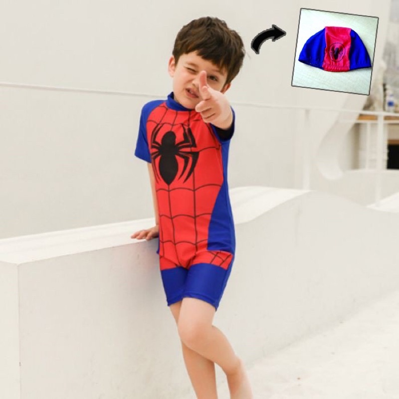Set Baju Renang Anak Bahan Premium Quality Tebal Free Topi Gambar Superhero Baju Renang Anak Laki laki Lucu Swimsuit Anak Murah