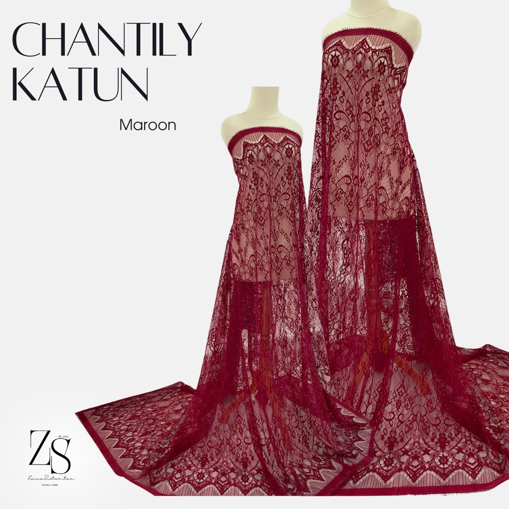 Kain Kebaya Brokat Brukat Panel Chantily Katun Semi France Prancis Warna Merah Maroon