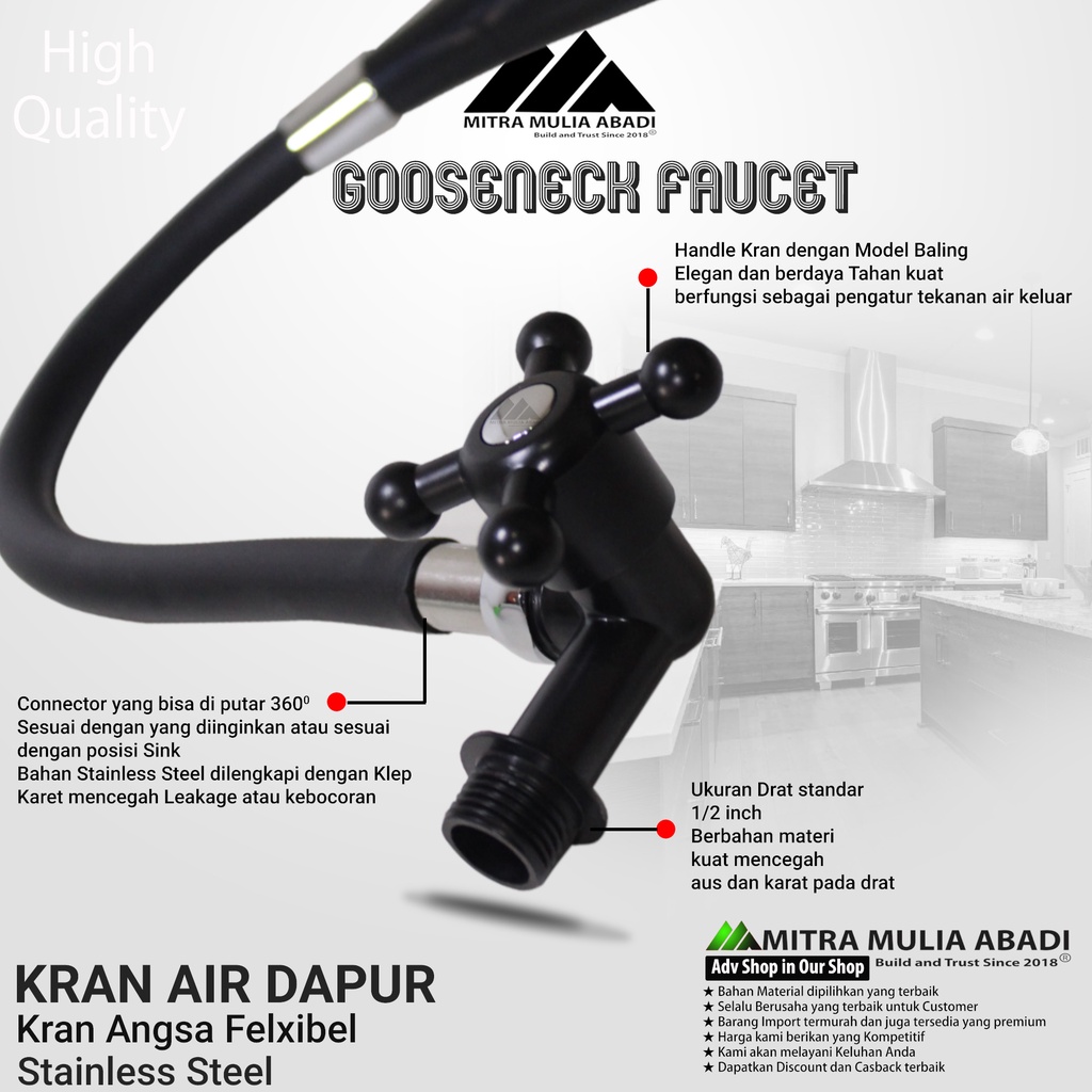 Kran Angsa Tembok Fleksibel Hitam / Keran Sink Cuci Piring Black 8006