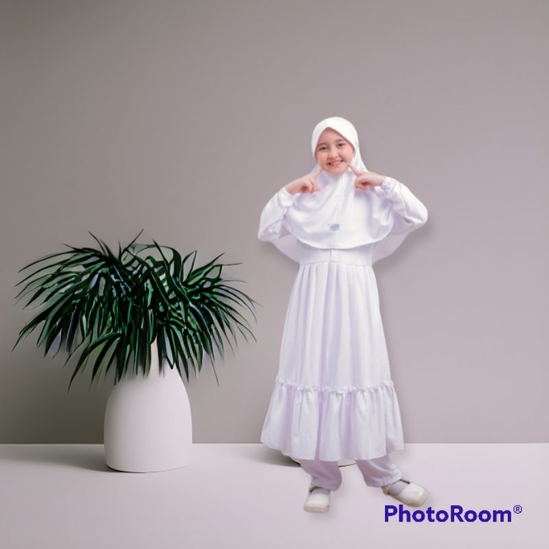 baju setelan muslim anak perempuan/gamis putih manasik haji anak perempuan/baju manasik haji anak pe