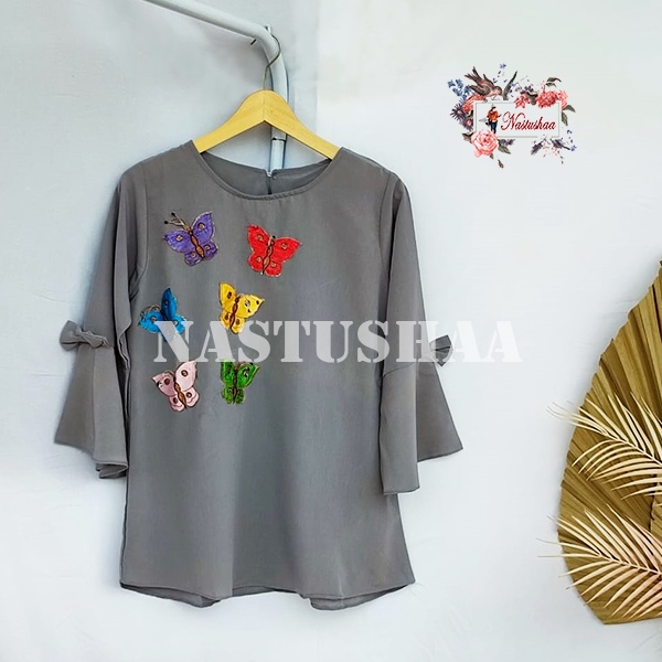 Baju Atasan Wanita Blouse Butterfly Lengan Terompet 7/8 Cantik Warna Polos Bordir Asli Motif Kupu-Kupu Top Wanita Dewasa