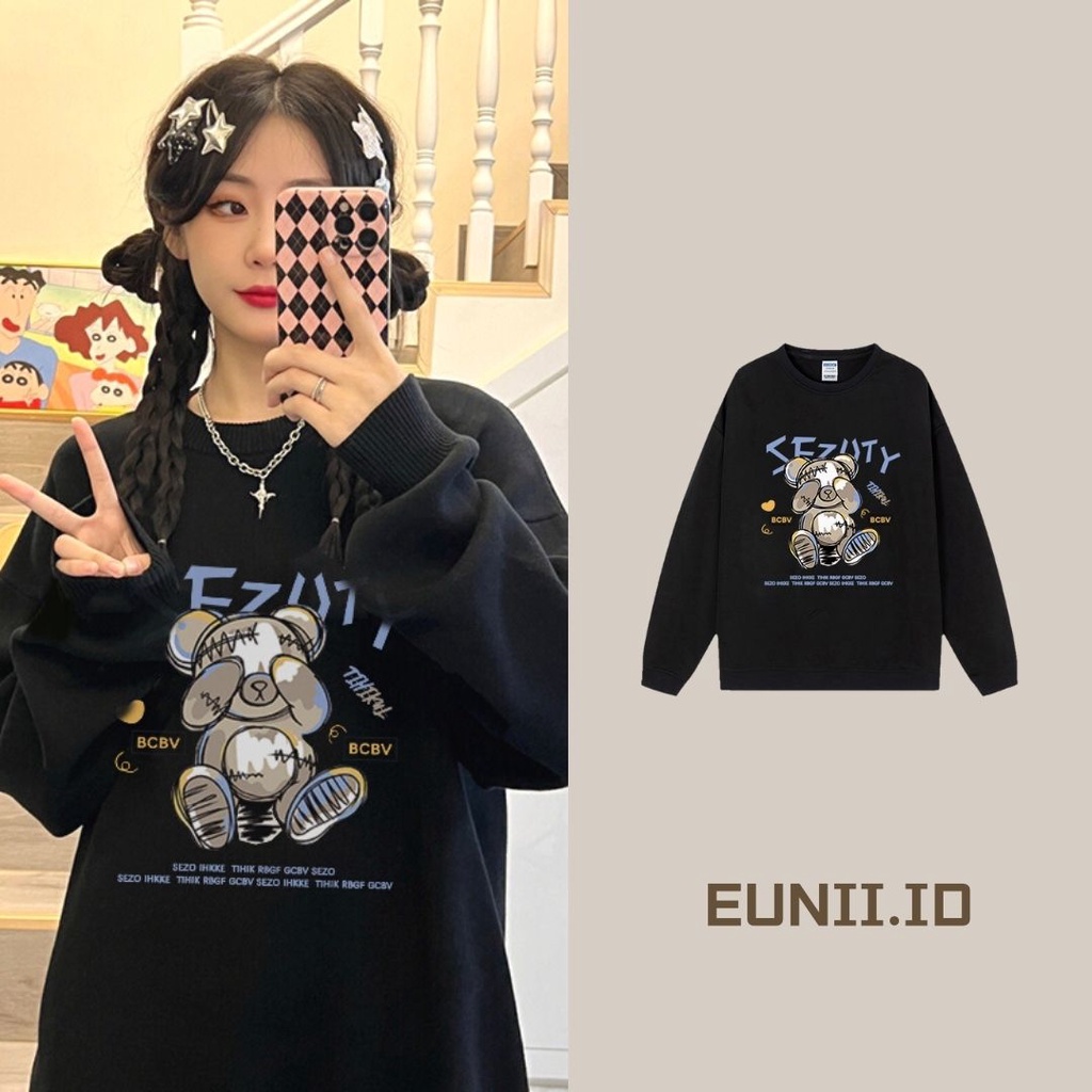 EUNII Sweater Lengan Panjang Cartoon Teddy Bear Korean Style/Hoodie Oversize/Baju Wanita/Switer Wanita