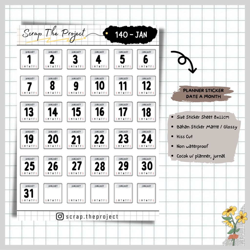 

STICKER PLANNER JOURNAL / STICKER DATE OF MONTH / STP - 140