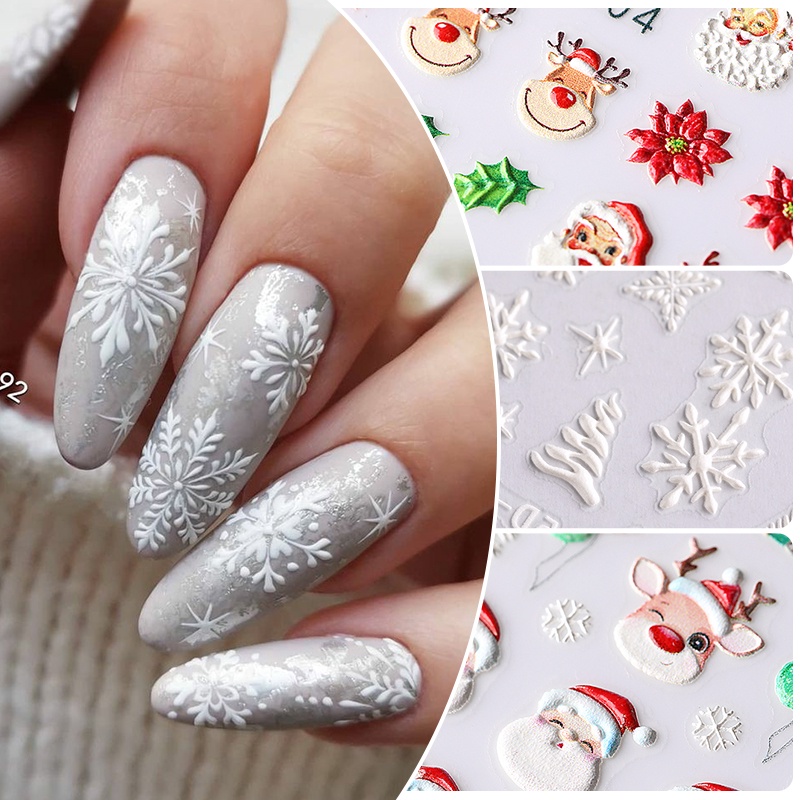 Stiker Kuku Motif Hati Merah Snowflake Santa Claus Natal 5D Untuk Dekorasi Nail Art