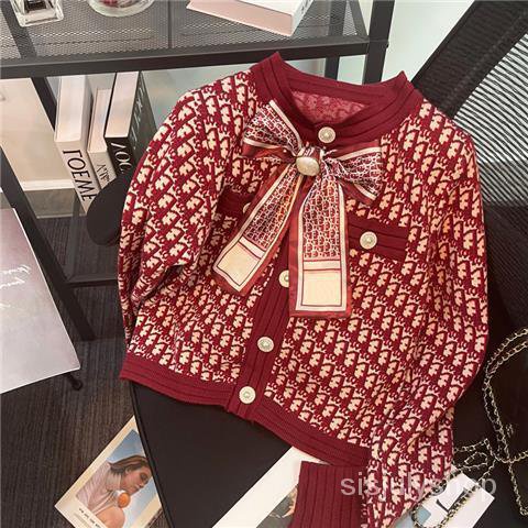 #Sisjuly# Jaket chambray merah Prancis wanita atasan rajutan busur vintage baru