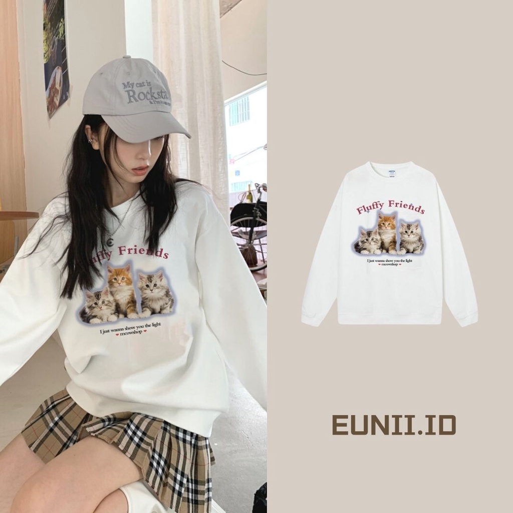 EUNII Sweater Lengan Panjang Three Cute Cat Korean Style/Hoodie Oversize/Baju Wanita/Switer Wanita