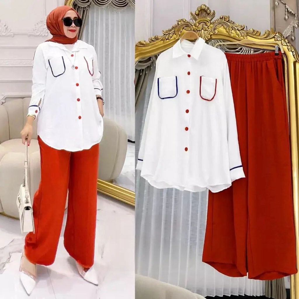 LORA SET BAHAN CRINKLE AIRFLOW PREMIUM MOTIF POLOS KANCING DEPAN UKURAN M L XL XXL DAPAT BAJU ATASAN DAN CELANA SETELAN BUSUI WANITA TERBARU 2023 KEKINIAN SIMPLE ONE SET KOREAN STYLE HIJAB SET VIRAL LENGAN PANJANG WANITA