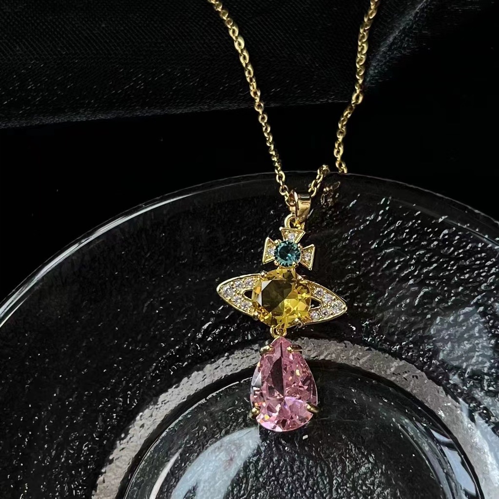 Aksesoris Kalung Cahaya Mewah Penuh Berlian Saturnus Warna-Warni Zirkon Drop Liontin Rantai Klavikula