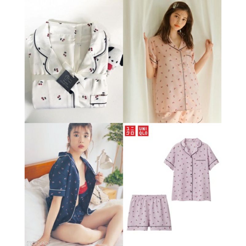 UNIQLO Satin Pajamas Short Sleeves & Shorts Cherry / Piyama Baju Tidur Wanita