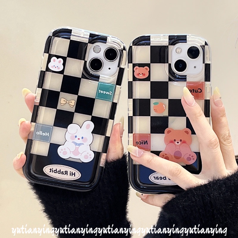 Case Kotak-Kotak Kompatibel Untuk iPhone 7Plus 8Plus 11 14 13 12 Pro MAX XR 7 8 6 6S Plus X XS MAX Beruang Lucu Kelinci Shockproof Airbag Lembut TPU Lovers Phone Case