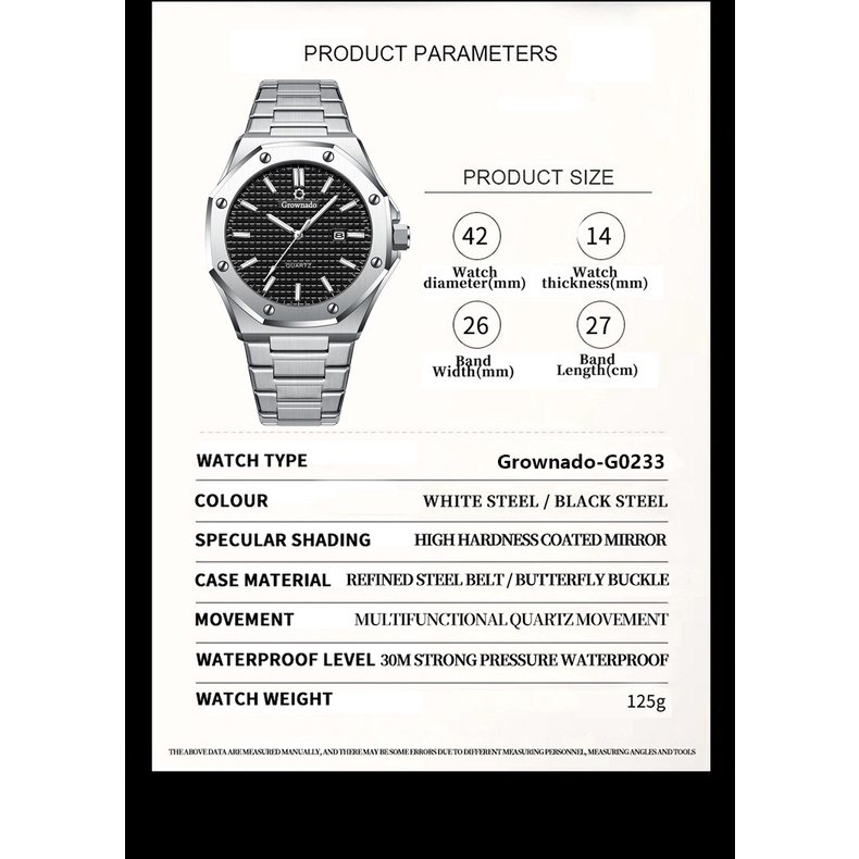 Jam Tangan Pria Grownado  Tahan Air Bezel Logam Berat Jam Tangan Original Keren Fashion Watch Quartz Bisnis Kalender Stainless