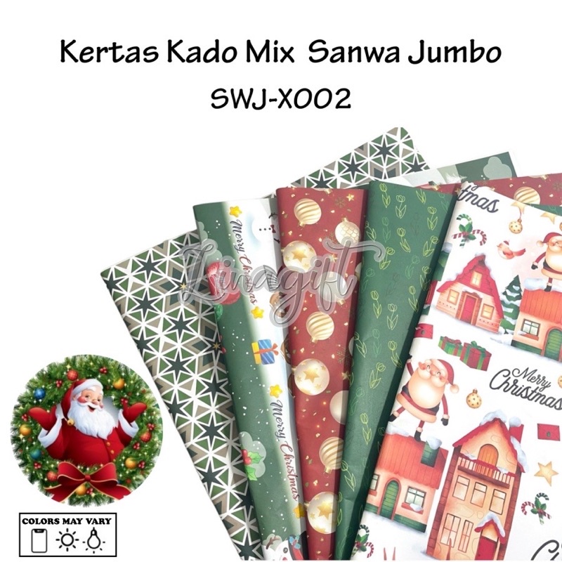 ( 5 Lembar 5 Motif ) JUMBO XMAS MIX SANWA - KERTAS KADO NATAL - GIFT WRAP PAPER SANSAN WAWA CHRISTMAS SANTA / SNOWMAN / POHON NATAL / RED / GREEN / GOLD