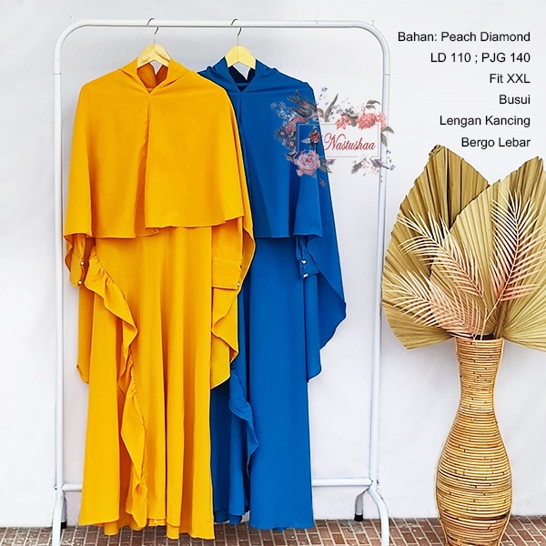 Gamis Modern Rempel Depan Set Khimar - Dress Pesta Syar'i Kekinian Model Payung - Set Gamis Syari Bergo Peach Diamond Polos Lengan Kancing