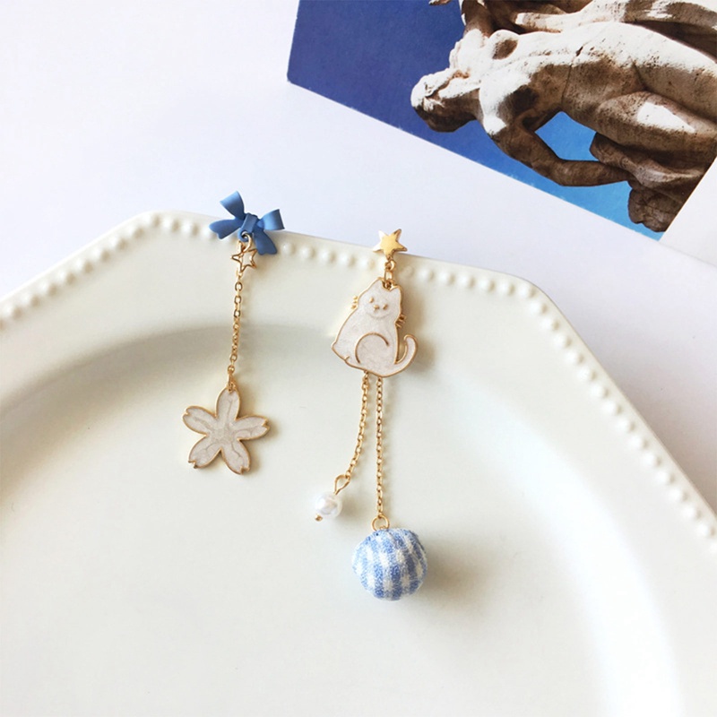 Fancyqube Tren Baru Biru Bunga Menjuntai Anting-Anting Untuk Wanita Lucu Hewan Kucing Bunga Sakura Asimetris Anting-Anting Pesta Anak Kucing Perhiasan Hadiah