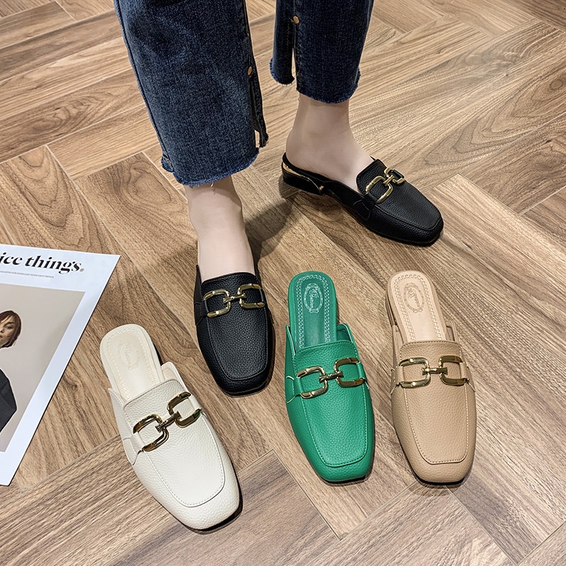 [JY] 1496 Sandal Wanita Slop 2202 PU RANTAI STYLE Slide ELEGAN CANTIK Pesta Kerja Keren Trend Casual Kualitas Bagus Impor