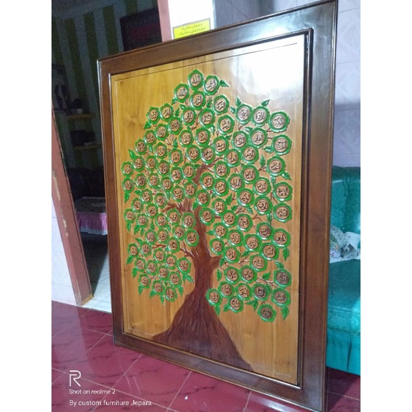 Kaligrafi hiasan dinding ukiran kayu jati pohon Asmaul Husna